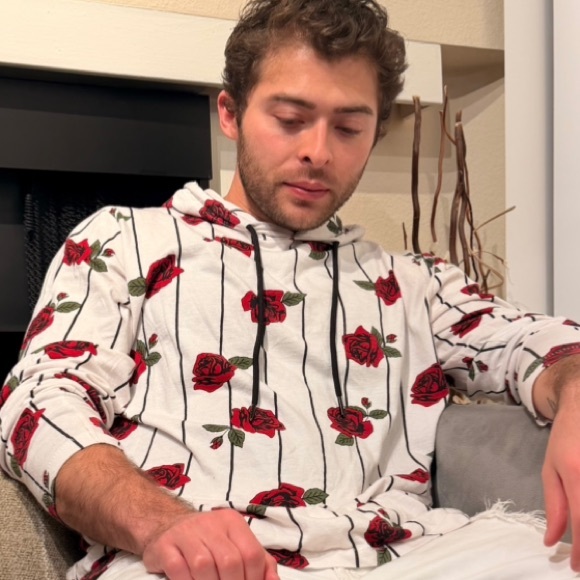 Cactus Man White Hoodie with Red Roses and Stripe Print - Picture 2 of 3